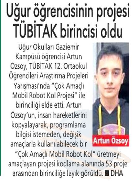 Uğur Okulları Gaziemir Kampüsü Ortaokul öğrencimiz Artun Özsoy’un TÜBİTAK başarısı ulusal basında!! 🗞🏆📣🐞 #UğurluOlmak 💜