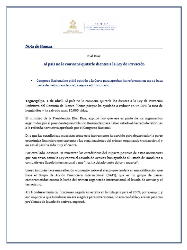 Emb_Honduras_SS's tweet photo. Nota de Prensa  
Ebal Díaz: Al país no le conviene quitarle dientes a la Ley de Privación https://t.co/2DLxt8VM7A