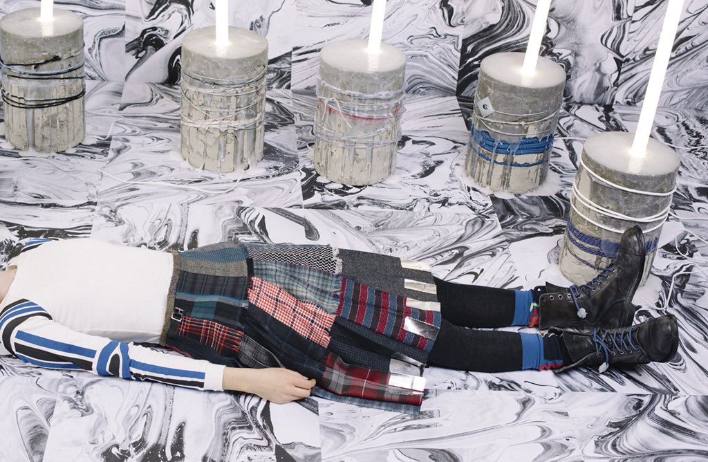 Happy International #Tartan Day‼️
Throwback to AW16 patchwork #kilt with silver-foiled hem.
Lookbook photo by #VenetiaScott 
Styled by #PoppyKain
Modelled by #MarlandBackus who also made the concrete/silicone lights