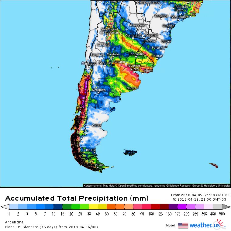 Comparación de modelos (Australia,Canada,Euro,USA)
-Se mantiene la tendencia del importante episodio de lluvias y tormentas sobre el centro del país
-USA y Australia muestran acumulados más moderados en un área más amplia
-Euro insiste con acumulados muy importantes en BsAs y Cba
