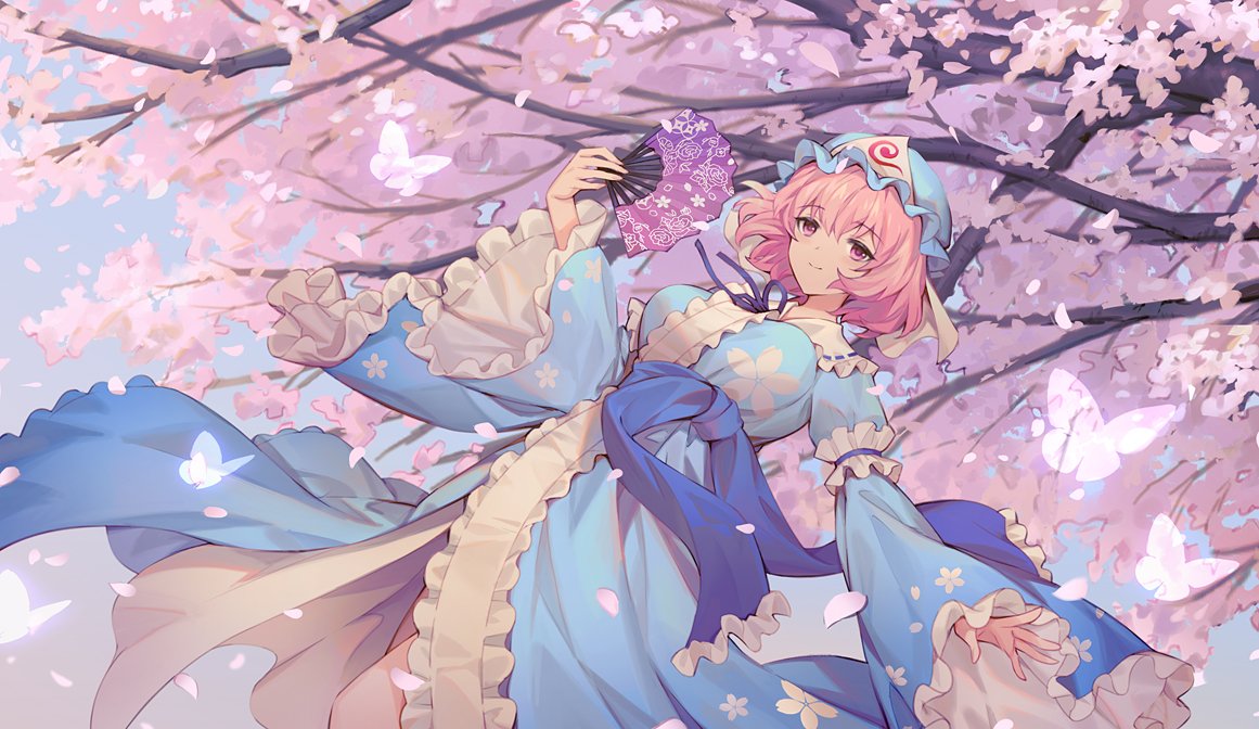 Shige イラスト綺麗 ゆゆこ様とてもお美しいです 満開の桜の木を背に扇子を持ち微笑む姿が良いですね