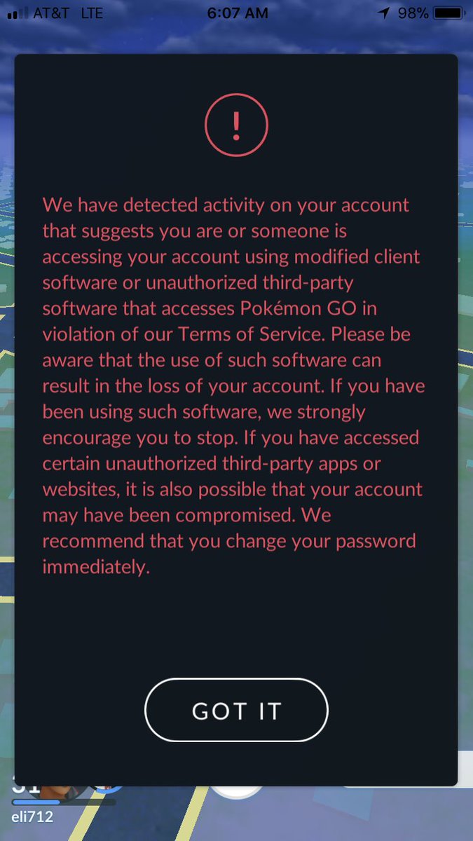 _theEli_te's tweet photo. #PokemonGO #pokemongoban I don’t even use any third party apps for Pokémon Go....wth?! This sucks I don’t wanna lose my account. It sucks that other people are having this issue too. What’s uo with this? @PokemonGoApp @NianticLabs https://t.co/Jv0sFYCUem