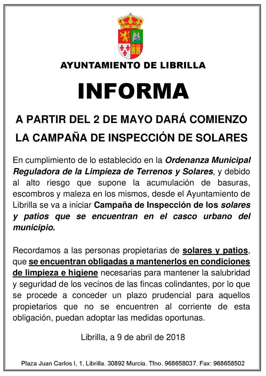 El #AyuntamientodeLibrilla  #INFORMA que a partir del #2deMayo dará comienzo la campaña de #limpiezadesolares2018.
No olvidar que la limpieza e higiene es necesaria para la salud de tod@s los vecino del municipio.
#Maximadifusion
#Sinocumplesserassancionado
#PoliciaLocalvigilara