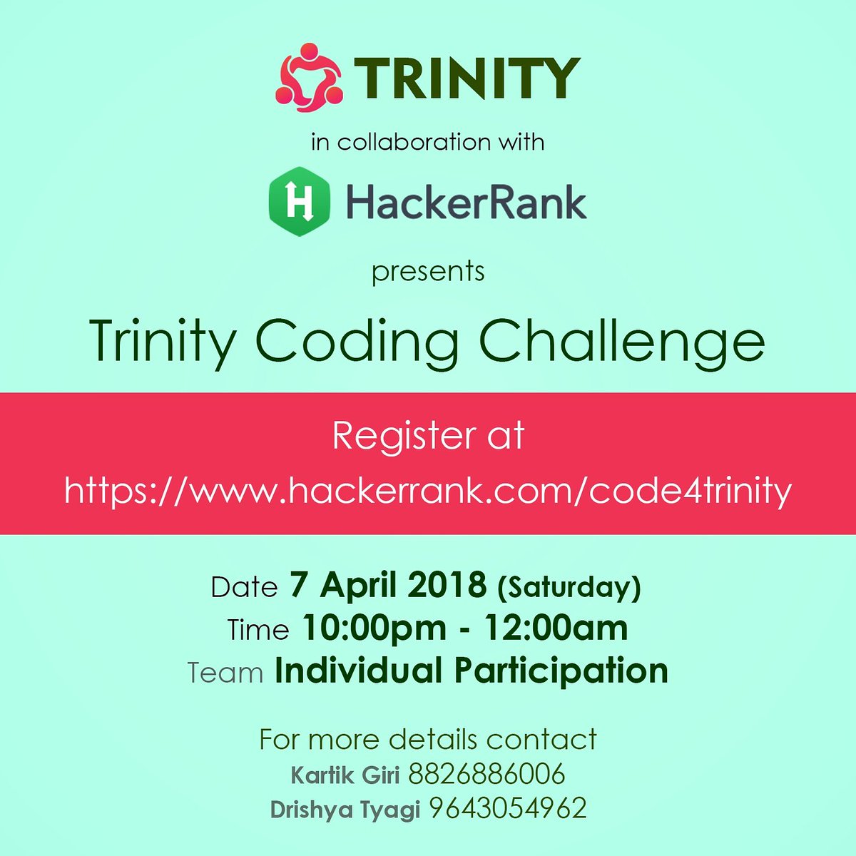 ipectrinity's tweet photo. @ipectrinity in collaboration with @hackerrank is conducting a home event for the students of all departments.

REGISTER at -
https://t.co/L8ICMSr3dY

NO BAR FOR LANGUAGE. ANY PROGRAMMING LANGUAGE CAN BE USED.

DETAILS:
Date: 7 April,18 (Saturday) 
Time: 10:00pm - 12:00am https://t.co/Y3zUClLT0V