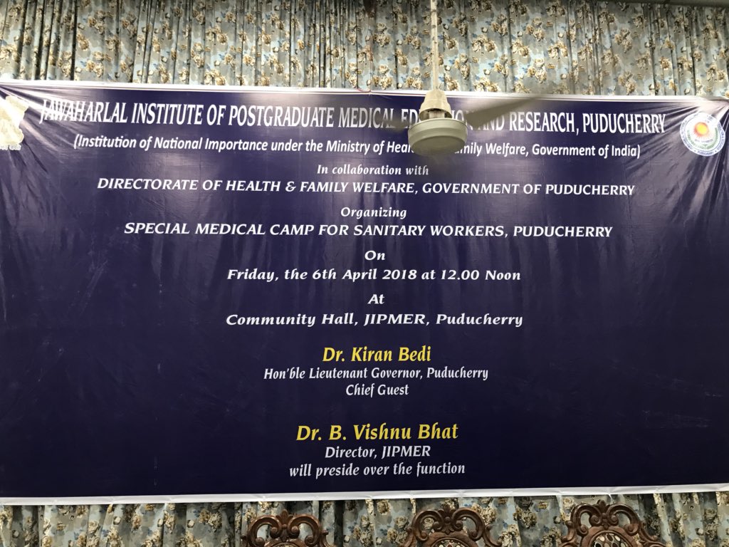 thekiranbedi's tweet photo. Convergence of Health Care from 8 medical institutions to provide Healthcare for 1200 Swatchta workers on eve of World Health day.
Day when HAVES came together for the HAVE NOTS who do the toughest job for Puducherry-
Cleaning the drains &amp; streets. 
We 🙏 them @JPNadda @PMOIndia https://t.co/YGJjDDUZm1