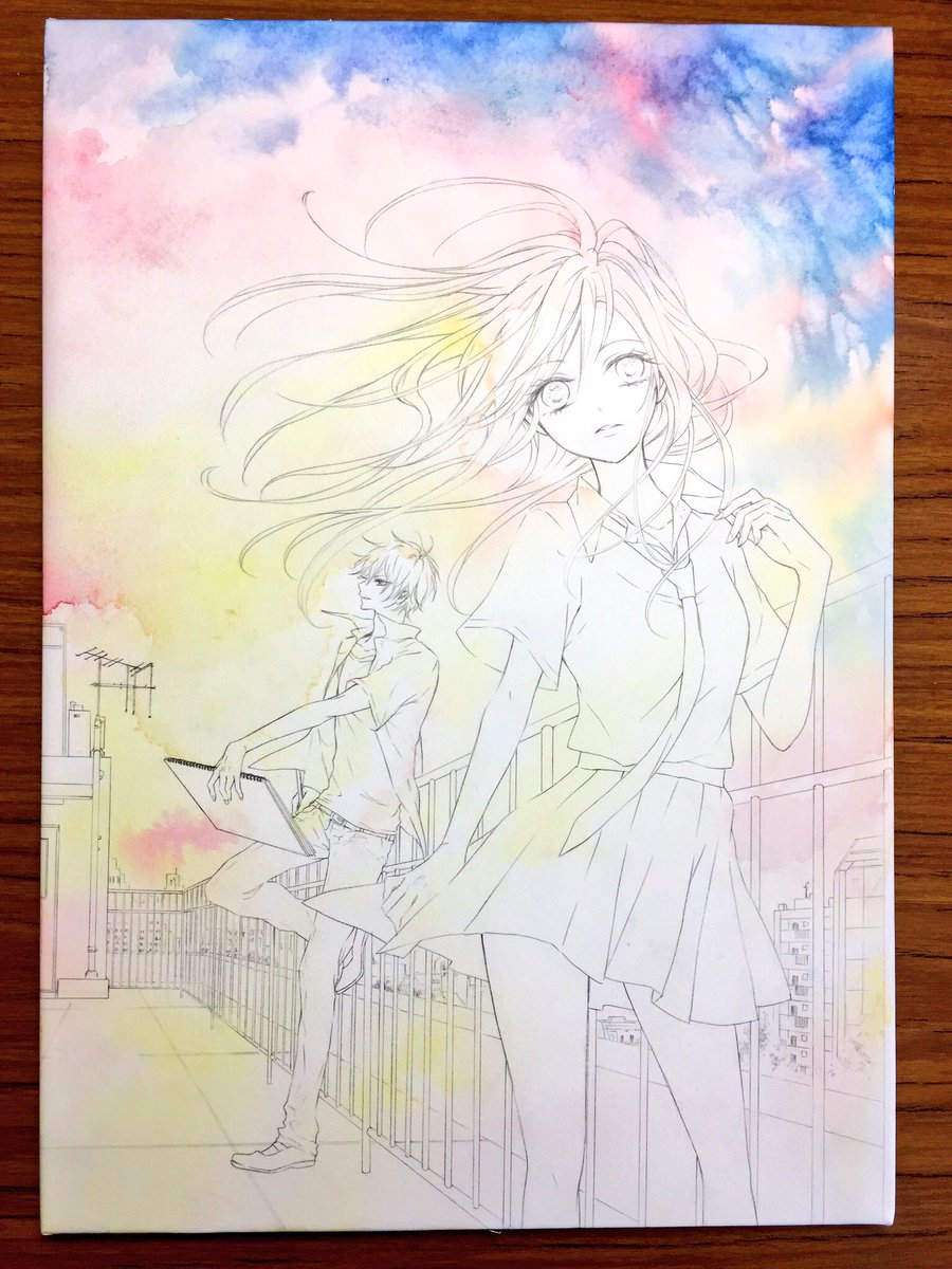 柚木ウタノ きみとゆめみる羊 下巻 完結 発売中 6 空に赤足してく 塩の効果消えたのでまた何度か塩まく 7 マスキングはずし目立たせたい髪の毛と目を塗り込み 8 細かい所の塗り込みやホワイトで髪の毛描き込んだりして 9 ホワイトぶしゃー かけたく