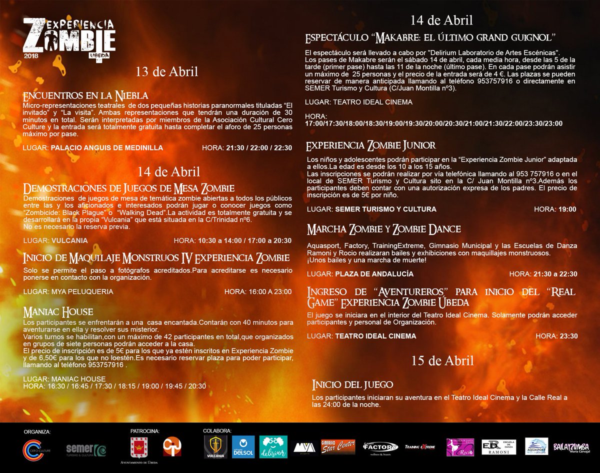 CijUbeda's tweet photo. IV edición de Experiencia Zombie en Úbeda,  los días 13, 14 y 15 de abril.
Adjuntamos la programación y el cartel informativo de la actividad. No faltes!! https://t.co/C2sL0QBwqt