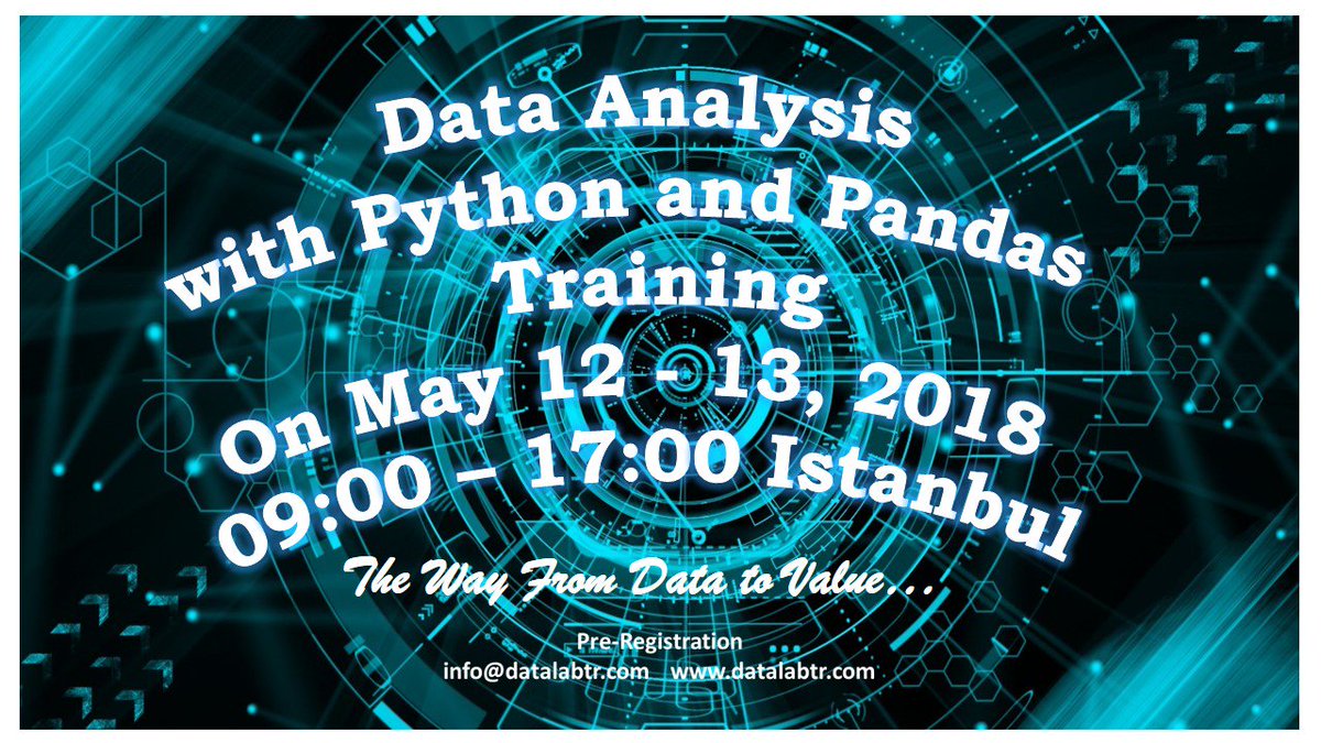fatma_cinar_ftm's tweet photo. Data Analysis with Python and Pandas Training on May. 12 - 13, 2018 #DataLabTraining #Istanbul
https://t.co/nP2Q6x0qax
#DataAnalysis #DataAnalytics #DataLabTraining #DataLabTraining #DataScience #DataVisualisation #DataLabTR #DataViz #PythonPandas #TimeSeries https://t.co/xFodK5WaUT