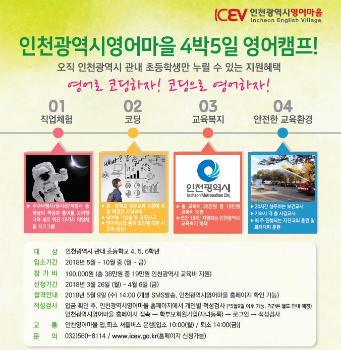 인천광역시영어마을에서 4박5일 영어캠프 접수가 진행되고 있어요~
인천시에서 50% 지원이 되는 이번 영어캠프!! 
학교 신청서 제출은 4월6일(금)까지 이지만 
온라인 신청은 4월20일(금)까지 이니 아직 신청 못한 친구들은 
지금 바로 홈페이지에 접속하세요^^