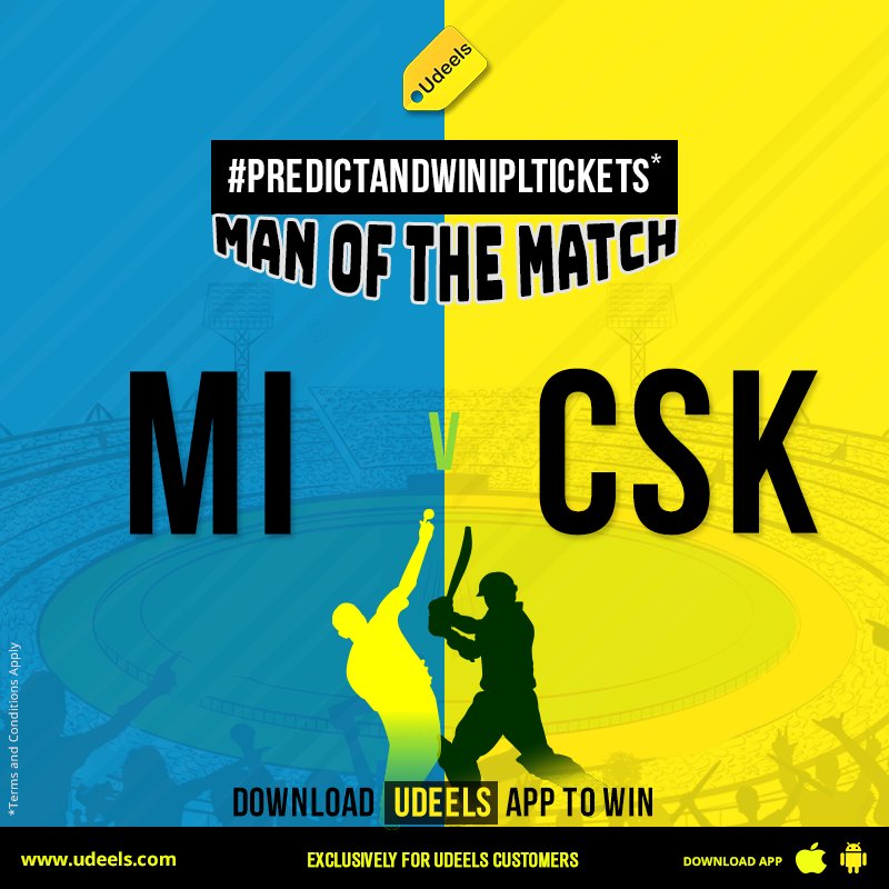 Udeels_India's tweet photo. #ContestAlert #Contest #PredictAndWinIPLTickets
Predict the Man of the Match of tomorrow’s IPL match – MI vs. CSK win* IPL tickets for SRH vs. MI match on April 12, 2018, held in #Hyderabad!
Share a screenshot of the Udeels app with your guesses.
TC - https://t.co/20gBDCpHCG https://t.co/rooJs0DPBa