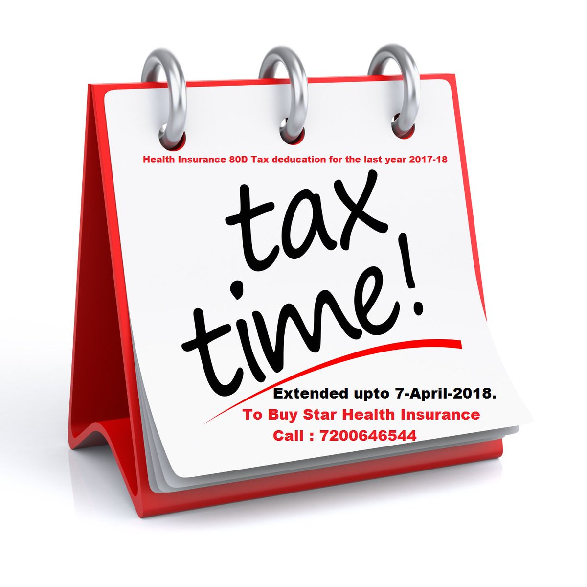starkarthik2011's tweet photo. Hurry ! Good Opportunity to Avail Tax Benefit of Last Financial year 2017-2018. Tax Time Extended Upto 07-April-2018.Get Tax Deduction of 80D by buying Star Health Insurance Policy for you and your parents. Tax Benefit upto Rs.55,000.
To Know more Call  or Whatsapp : 7200646544 https://t.co/u6UdDD1gfI