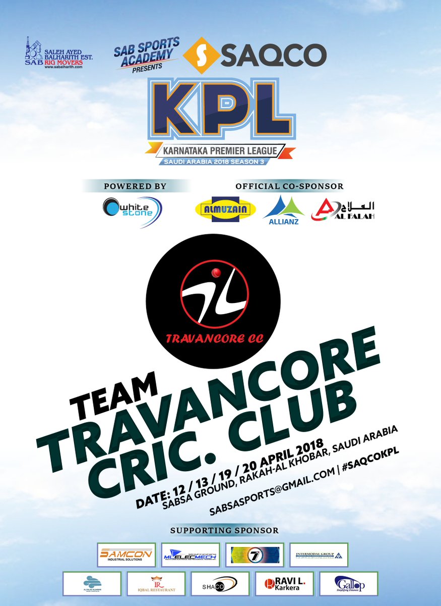 SabSports's tweet photo. #Team Travancore Cric. Club
#SabSports Academy Presents, #SAQCO KPL Ses 3 KSA.
Powered by #WhiteStone Co-Sponsored by #Al-Muzain #Allianz #AlFalah https://t.co/1qD1TMTM27