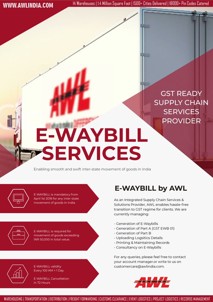 awlindia's tweet photo. E-WAYBILL services by AWL INDIA PVT LTD

Enabling smoother and swifter inter-state movement of goods in India.

#AWL #CreativeLogistics https://t.co/elwaNFUto5