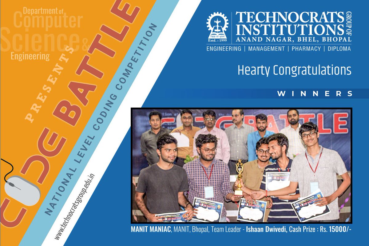 TITGROUP2's tweet photo. #Bestengineeringcollege #TIT #TITE #TITA #TITS #TITMBA #CodeBattle-2K18 Congratulations to WinnerTeam MANIT MANIAC, MANIT, Bhopal - National Level Championship Code Battle 2K18 https://t.co/MDJ3dQ0jVz