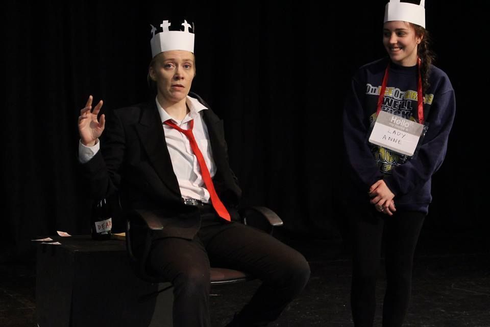 woman playing Richard 3rd with an audience member playing lady anne