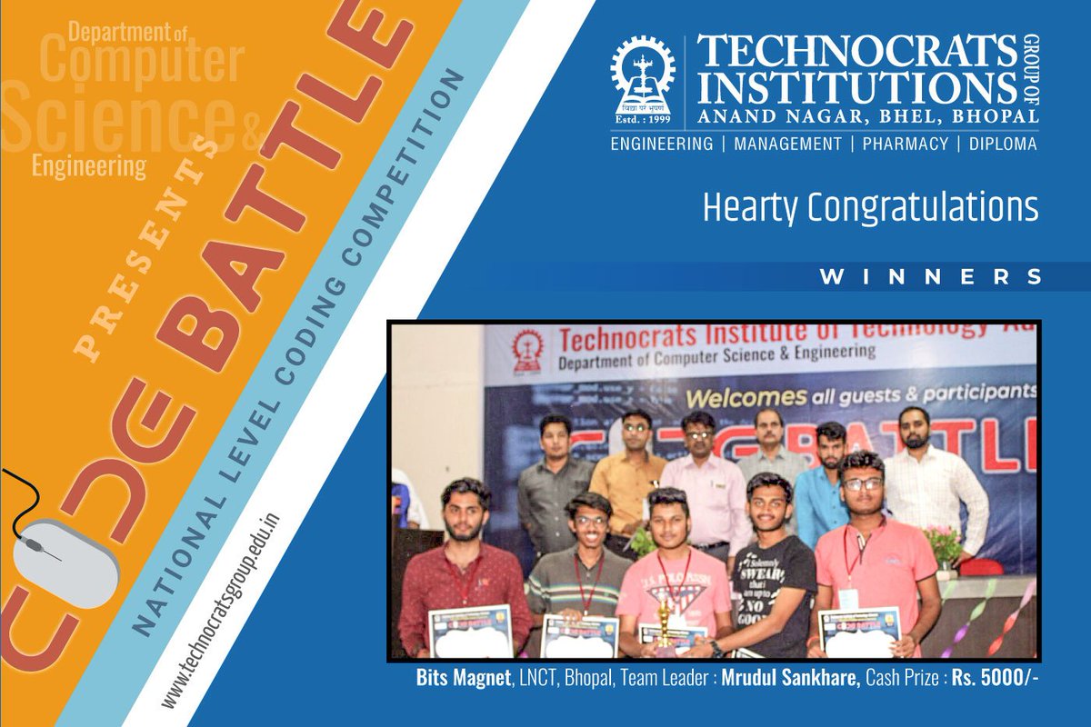 TITGROUP2's tweet photo. #Bestengineeringcollege #TIT #TITE #TITA #TITS #TITMBA #CodeBattle-2K18 Congratulations to WinnerTeam Bits Magnet, LNCT, Bhopal - National Level Championship Code Battle 2K18 https://t.co/gH3VC11uIq