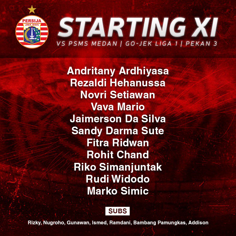 Persija_Jkt's tweet photo. Daftar susunan pemain Persija Jakarta melawan PSMS Medan. Ayo tiga poin Macan Kemayoran #PSMSvPSJA #GoJekLiga1 #Persijaday #PersijaJakarta  #PersijaSelamanya https://t.co/XxWLTN6aqN