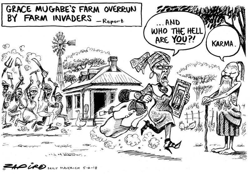 Zapiro's cartoon @dailymaverick (5 April 2018) on the invasion of Grace Mugabe's farm #whatcomesaround #Zimbabawe... - zapiro.com/180405dm