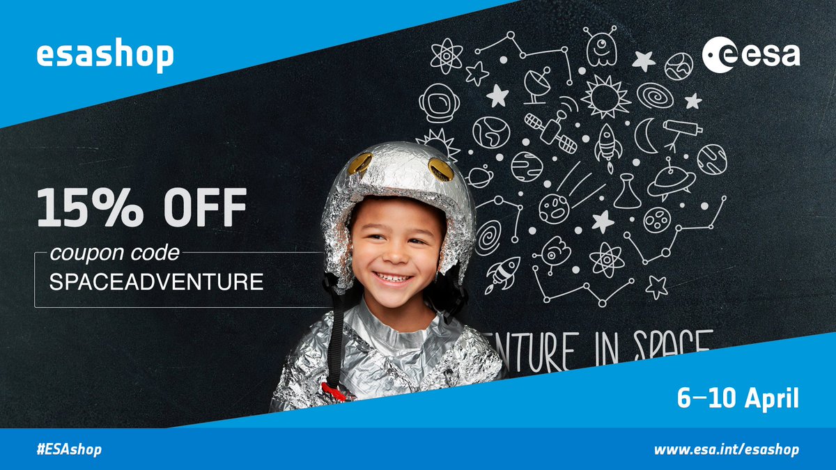 esa's tweet photo. Don't miss our NEW collection in the #ESAshop - exclusively for children - called 'Adventure in Space'. Items include bodysuits and bibs for toddlers and t-shirts for older kids. https://t.co/zk0fIUgXyD (order by 10 April with the coupon code for 15% off all items!) https://t.co/2XJAWN2uCc