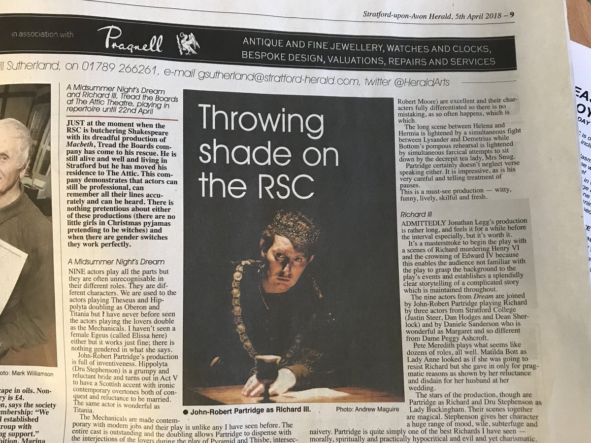 Tickets still available for tonight’s performance of #RichardIII <a href="/theatticsua/">Attic Theatre</a> #stratforduponavon getting brilliant reviews at the moment <a href="/StratfordVIC/">Stratford VIC</a> <a href="/WhatsOnWarwicks/">Warwickshire What's On</a> <a href="/EventsWhatsOn/">Stratford upon Avon</a> @fringeSUA <a href="/strat_observer/">Stratford Observer</a> <a href="/AlisonSolomonUK/">Alison Solomon</a> <a href="/BritTheatreGuid/">British TheatreGuide</a>