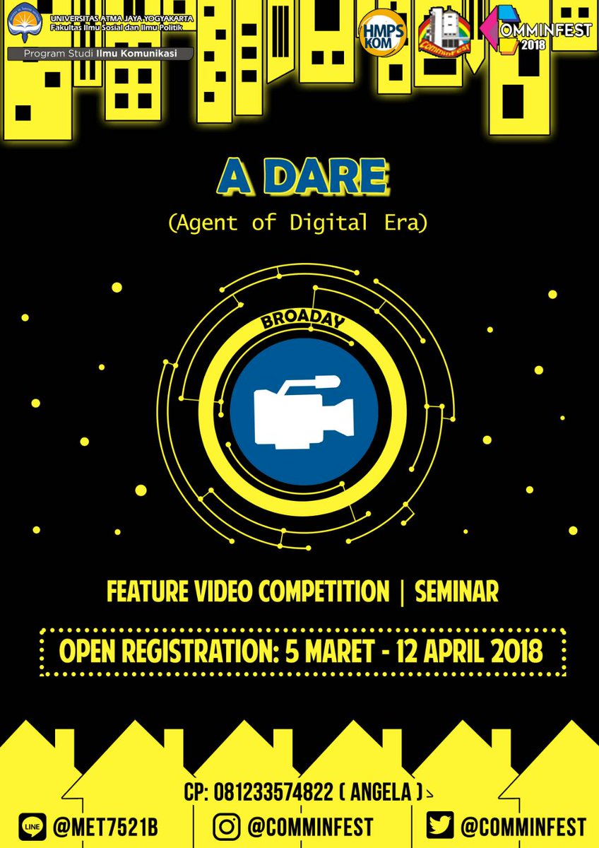 comminfest's tweet photo. 1. BroaDay 

"A DARE : Agent of Digital Era"
Tema ini diusung untuk generasi muda di era digital yang ditantang agar bersikap kritis terhadap lingkungan sekitar dalam menyikapi isu pemberdayaan masyarakat pada kesejahteraan mereka
#comminfest2018 #comminfest #ilmukomunikasi #uajy https://t.co/NnUuYeLbUE