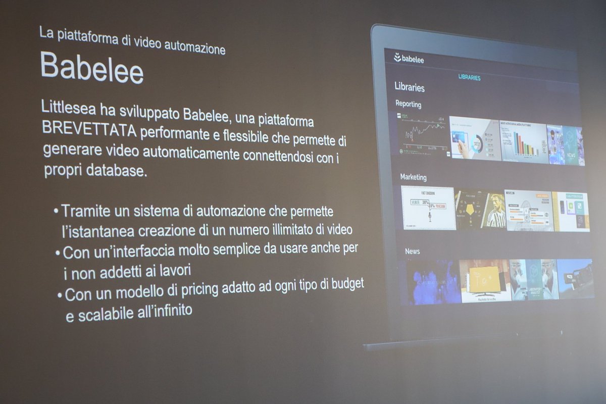 franzrusso's tweet photo. A #OfficinaMPS LittleSea che propone una soluzione video automatico sfruttando la piattaforma #babelee. Basta inserite dei dati per creare in automatico dei #video
#innovation #innovazione https://t.co/XX8tGQaW17