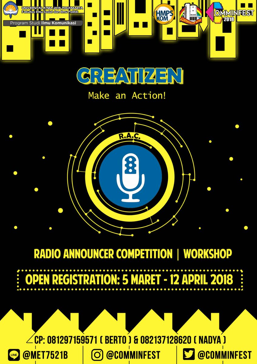 comminfest's tweet photo. 5. RAC (Radio Announcer Competition)

"Creatizen: Make an Action!"
Tema ini diusung sebagai harapan untuk turut berpartisipasi dalam membuat aksi menyuarakan berbagai ide kreatif dan inovatif guna kemajuan Bangsa Indonesia. 
#comminfest2018 #comminfest #ilmukomunikasi #uajy https://t.co/gpdwf247Xh
