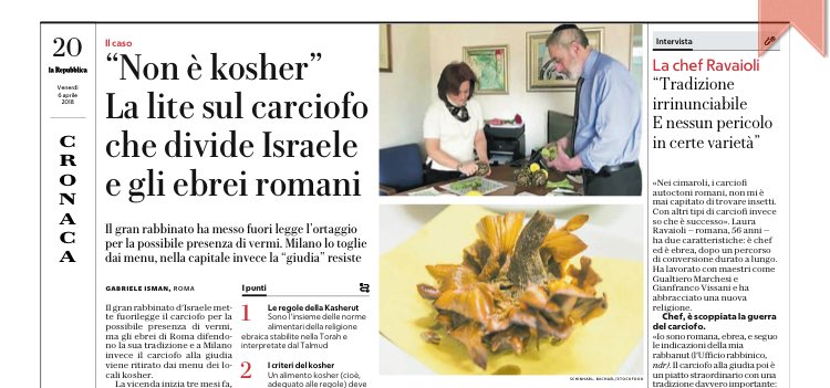 Sono carciofi amari per la cucina kosher se Israele li mette al bando. La polemica culinaria raccontata da <a href="/GabrieleIsman/">Gabriele Isman</a> su <a href="/repubblica/">Repubblica</a> in edicola