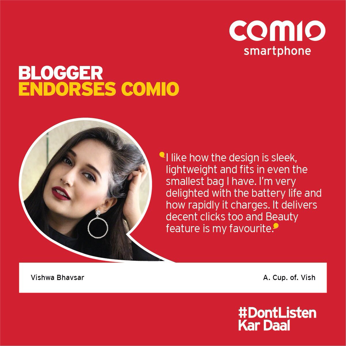 COMIO_IN's tweet photo. The fashion blogger, Vishwa Bhavsar, can’t get enough of Comio S1 Lite. Check out what she loves about it! #ComioS1Lite #PowerToFlaunt #DontListen Kar Daal https://t.co/BmRwyBXGgV