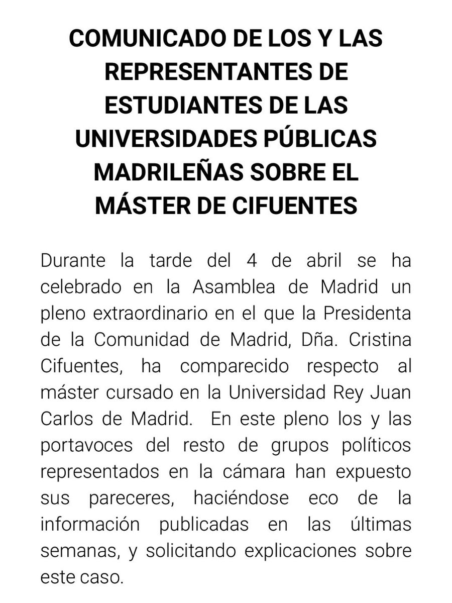 DCE_UCM's tweet photo. Las representantes de estudiantes de todas las universidades públicas de Madrid pedimos que @ccifuentes comparezca ante el Consejo Interuniversitario de Estudiantes de Madrid y entregue documentos que esclarezcan la obtención de su título

En caso contrario, exigimos su dimisión https://t.co/lEz37GIczh