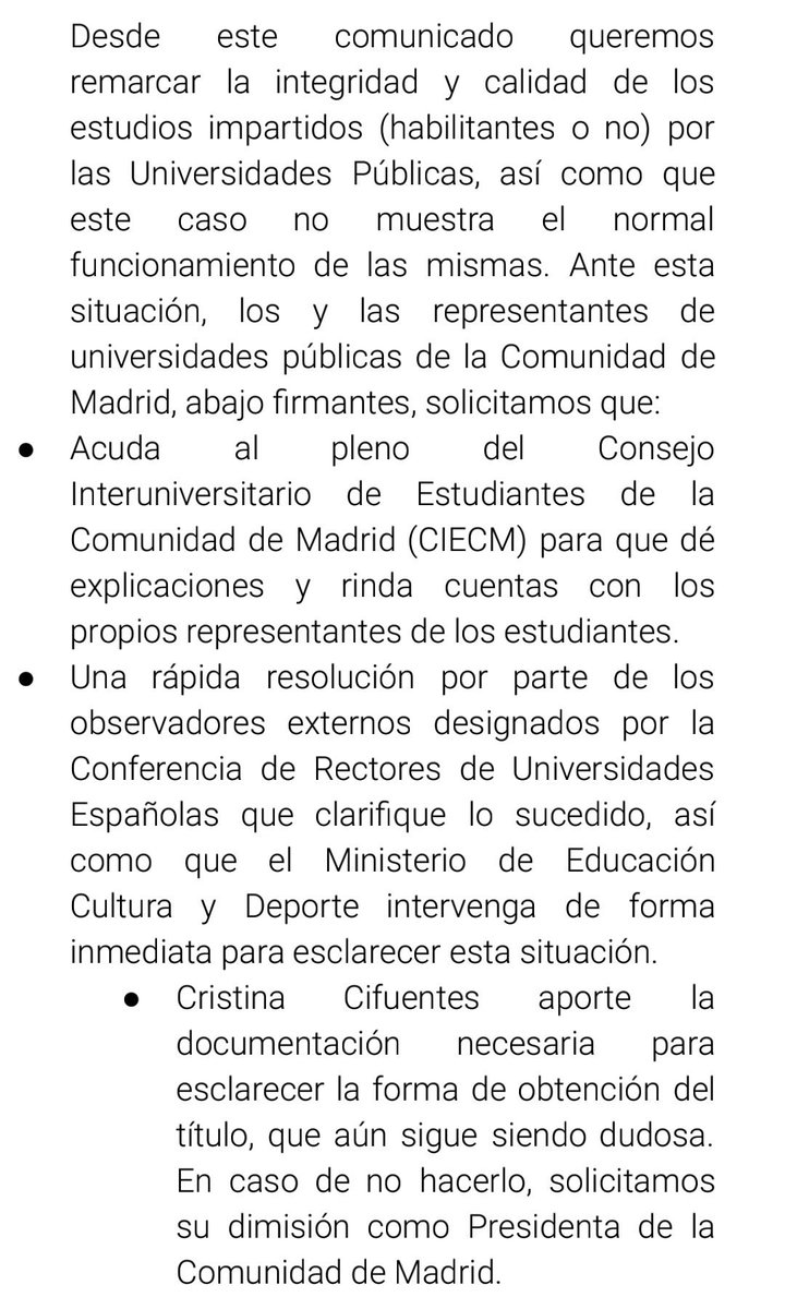 DCE_UCM's tweet photo. Las representantes de estudiantes de todas las universidades públicas de Madrid pedimos que @ccifuentes comparezca ante el Consejo Interuniversitario de Estudiantes de Madrid y entregue documentos que esclarezcan la obtención de su título

En caso contrario, exigimos su dimisión https://t.co/lEz37GIczh