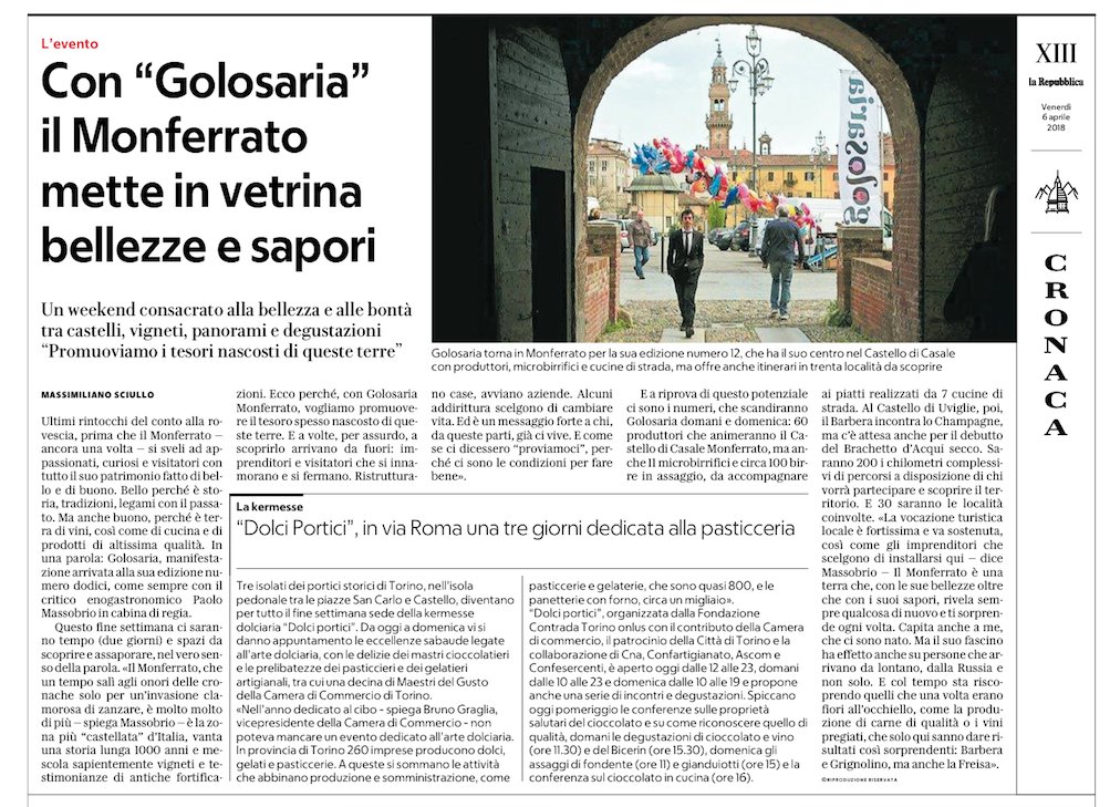Golosaria's tweet photo. Finalmente siamo alla vigilia di #GolosariaMonferrato e i giornali di oggi raccontano gli appuntamenti del weekend : ecco @@repubblica https://t.co/UN0TYw4Owq