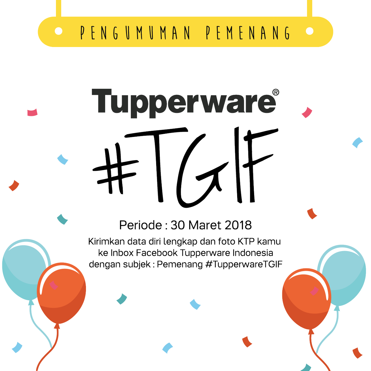 tupperwareID's tweet photo. Selamat @dwilaras172 @UgaskaIhsani @NaulianaEva @IkeSuminar @AthayaNaura1 kamu memenangkan #TupperwareTGIF 30 Maret 2018 ! https://t.co/cDGSmRZS3w