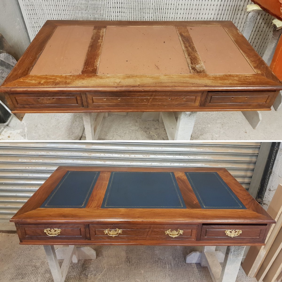 Docfurniture's tweet photo. Two desk tops re-polished.
With new leather tops.
Before &amp; after
#desk #desktops #repolished #restored #leatherskiver #frenchpolish #furniturerestoration #upcycledhour #upcycled #likenew #sheffield #sprayfinish #thefurnituredoctor https://t.co/6OYuwBlpnU