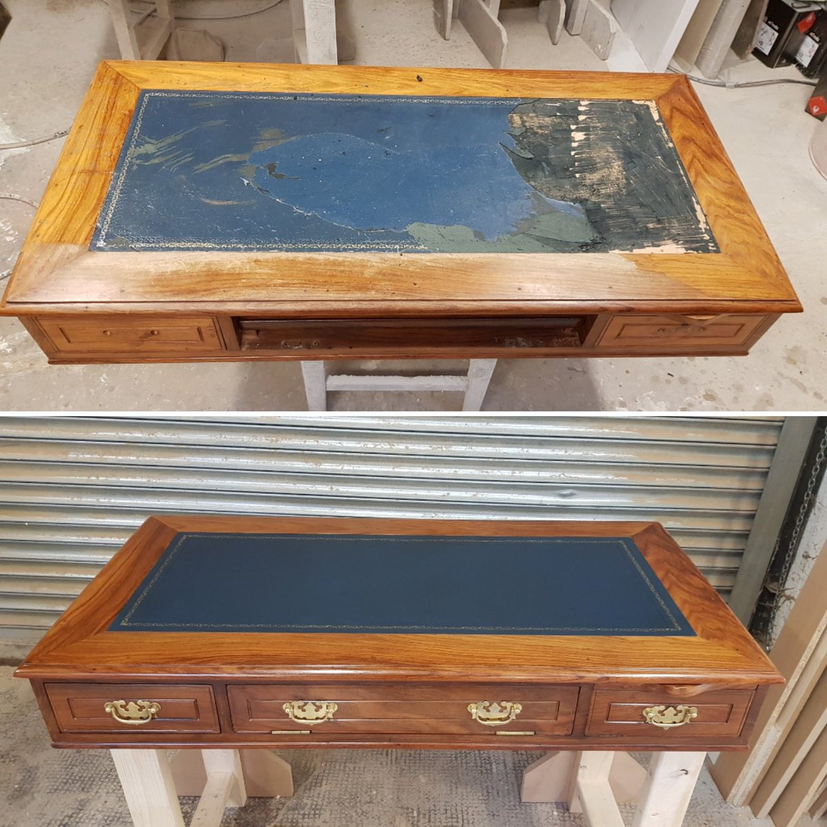 Docfurniture's tweet photo. Two desk tops re-polished.
With new leather tops.
Before &amp; after
#desk #desktops #repolished #restored #leatherskiver #frenchpolish #furniturerestoration #upcycledhour #upcycled #likenew #sheffield #sprayfinish #thefurnituredoctor https://t.co/6OYuwBlpnU