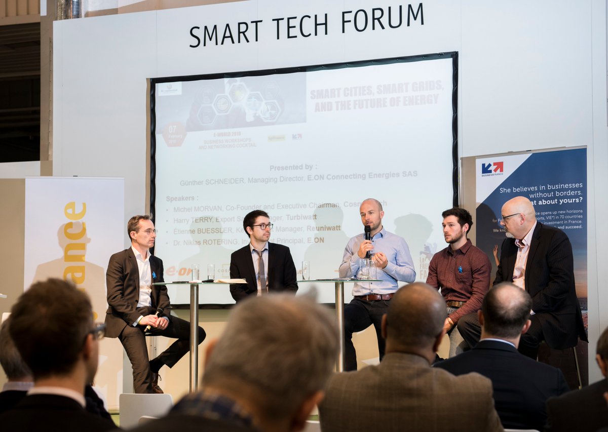 EworldEssen's tweet photo. Many thanks to @businessfrance for the exciting discussion about smart cities, smart grids and the future of energy with @cosmotechweb, @TurbiwattTeam, @Reuniwatt and @EON_de #Eworld2018 https://t.co/wxav7ycJ9m