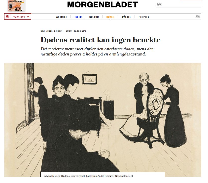 Det moderne mennesket dyrker den estetiserte døden, mens den naturlige døden prøves å holdes på en armlengdes avstand. Les kronikken til førstelektor Ove Ronny Olsen Sæle, bit.ly/2H47bVk @hvl_no <a href="/OsloMet/">OsloMet</a> <a href="/UniOslo/">Universitetet i Oslo</a> <a href="/nih_sognsvann/">Norges idrettshøgskole</a> <a href="/UiB/">Universitetet i Bergen</a>