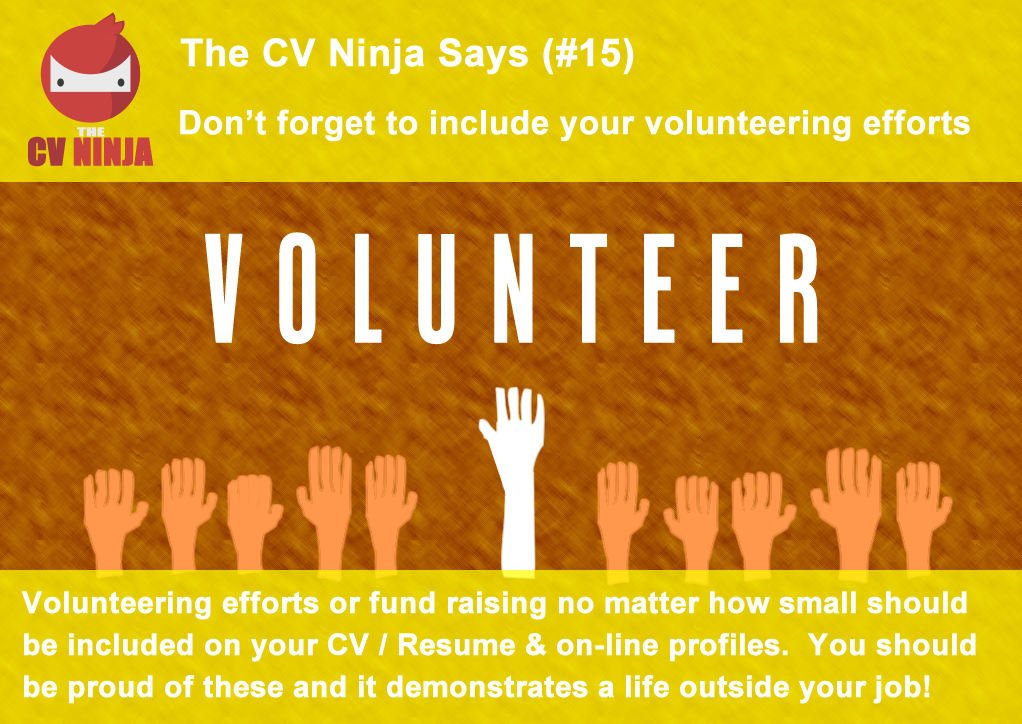 YourCVNinja's tweet photo. The CV Ninja says #15: Don't forget to include your volunteering efforts https://t.co/dFw0klMNRX #CV #ResumeTips #CVTips #TheCVNinja #CVHacks #Careers https://t.co/iMz8ZOB2dD