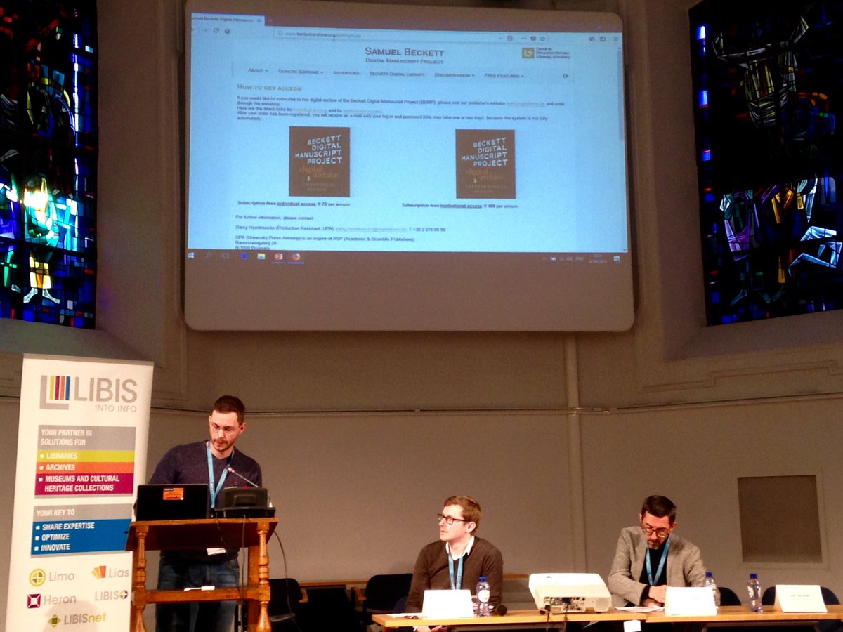 schambers3's tweet photo. Dirk Van Hulle and Pim Verhulst presenting The Beckett Digital Manuscript Project (BDMP) as a Research Tool https://t.co/Jikf2jtPMV #echic2018 https://t.co/rTkHLdItPG