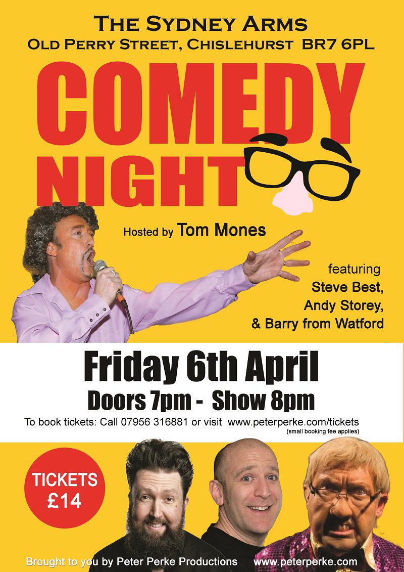 Last minute tickets still available for tonight's #comedy at #TheSydneyArms #Chislehurst. Available from peterperke.com/ticket. Great lineup including <a href="/TomMones/">Tom Mones</a> , Andy Storey, <a href="/barryfromwat/">Barry from Watford</a> ford and @SteveBestComic #FridayNightOut