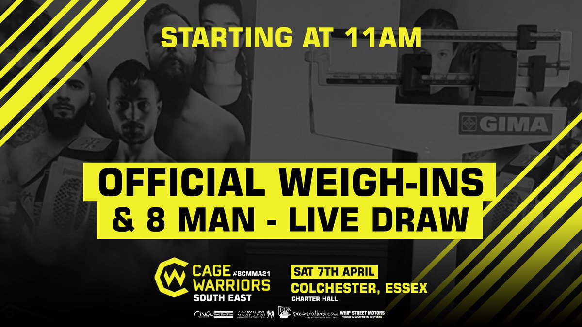 LIVE STREAM - COMING SOON!! 
WEIGH-INS: Today from approximately 11AM
Live from the Marks Tey Hotel, Colchester in Essex
For the 125lbs 8 Man Tournament
#BCMMA21 #CW8MAN #MMA #UKMMA