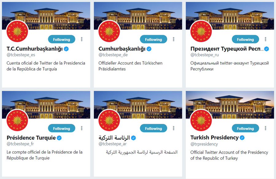 Screenshots of the Turkish Presidency's six language accounts in Arabic, French, German, Russian, and Spanish