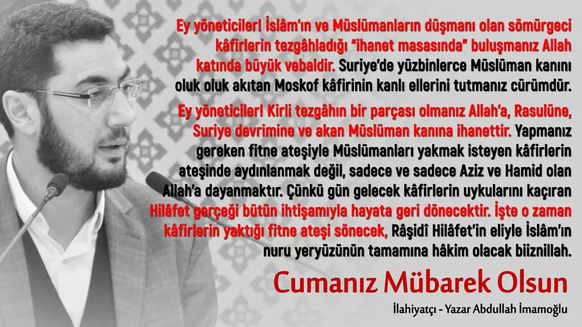 a_imamoglu_'s tweet photo. Allah’ım sen şahit ol ki biz kâfirleri veli/dost edinmekten de edinenleri dost edinmekten de beriyiz. Bizim yegâne velimiz sensin ya Rabbi! 

Cumanız Mübarek Olsun

Abdullah İmamoğlu
İlahiyatçı - Yazar https://t.co/IKLhIRdhiv