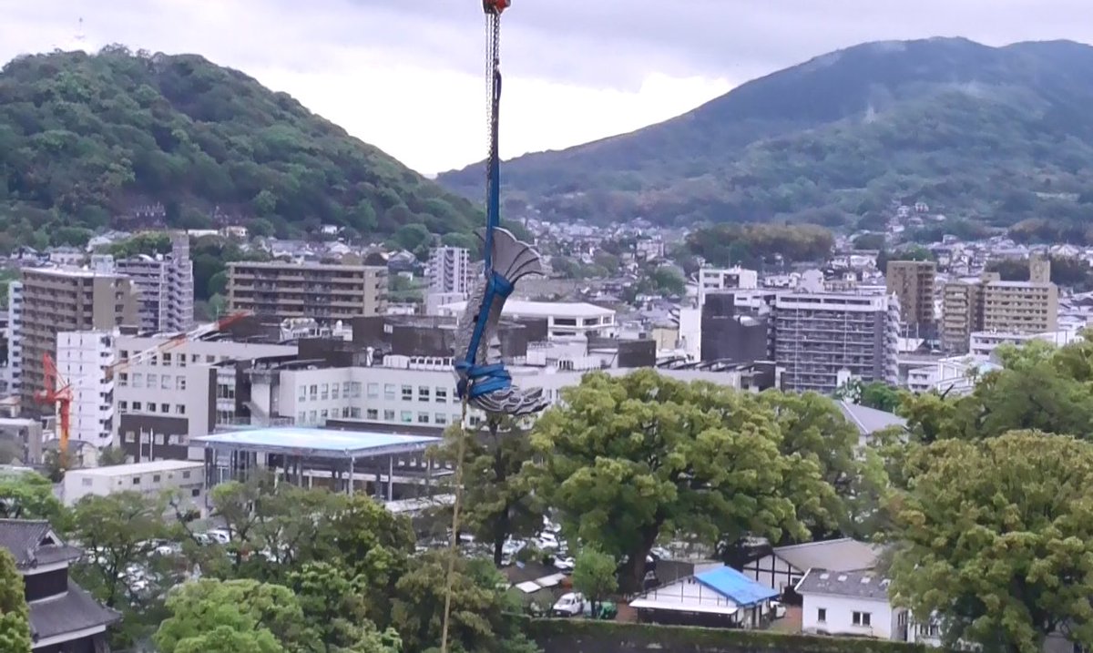 kumamotocity_'s tweet photo. 熊本城では先日の仮設屋根撤去に続き、今日から大天守にしゃちほこを設置する作業が始まりました！設置完了は4月28日の予定です🏯 https://t.co/pTPQAYD4L6