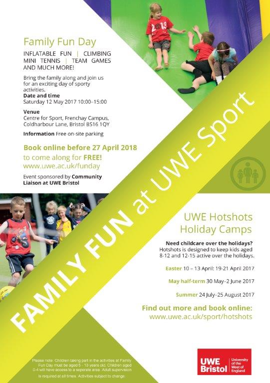UWESport's tweet photo. Join us on Saturday 12 May 2018 for a day of sport, activity and family fun FREE to staff, students and the community. With a DJ and subsidised BBQ, be sure not to miss out. Find out more and register at https://t.co/ZQpkw8Khfv @bristolmum @FeelGoodUWE @UWEBristol @BristolKids https://t.co/yKf6huiIqz