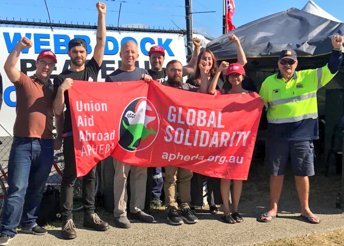 apheda's tweet photo. On this historic day Union Aid Abroad-APHEDA is proud to continue to support the struggle for fair working conditions with MUA members at Webb Dock. 

#WebbDock #AusUnions #ChangeTheRules https://t.co/tmiOILEVmW