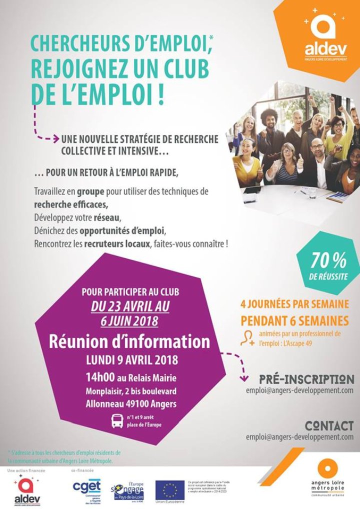 Ascape_org's tweet photo. Prochain #ClubEmploi avec @Angers_ALDEV et animé par #ASCAPE49 du 23 avril au 6 juin 2018
Réunion d'information = lundi 9 avril à 14h
#Angers #Emploi
via @Emploi49
https://t.co/CdVrDAjSAn https://t.co/wBTBjomyoi