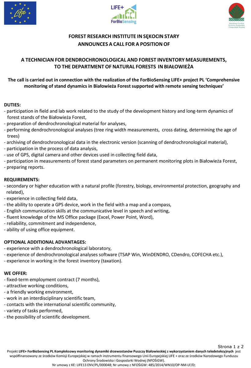 ForBioSensing's tweet photo. Let's join #LIFE+ #ForBioSensing project and become one of us :)
#TECHNICIAN FOR #DENDROCHRONOLOGICAL AND FOREST INVENTORY #MEASUREMENTS
to the Department of Natural Forests FRI in #Białowieża needed.
#joboffer
You can apply till April, 19th! 🌲✏️📖🌳📚 https://t.co/bTAFBtA54c