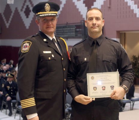 PortHopeFire's tweet photo. Some more of our @PortHopeFire #ProbationaryFirefighters receiving their #RecruitClass graduation certificates; Chief Edgar with PVFFs Griffen, Benson & Anthony - Congrats! @PortHopeInfo @Cryaneddie - photo credits @NT_pfisher https://t.co/YrBA56i0VK