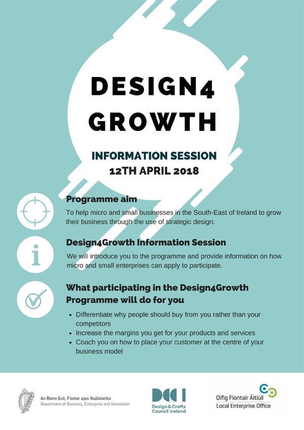 LEOWaterford's tweet photo. Research shows that Irish companies that integrate design more strategically within their organisations experience greater demand for their goods & services.
Come to our info event on April 12th #Waterford 2pm to 4pm.
#Design4Growth
https://t.co/WJCLwoGZCW https://t.co/FytdiPbfMn